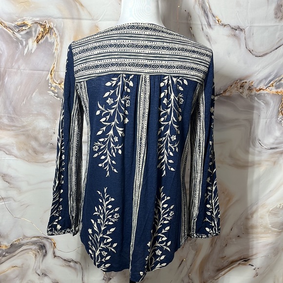 Lucky Brand Peasant Boho Long Sleeve Split Neck with Tassels Navy & Cream SZ XS - Picture 5 of 10